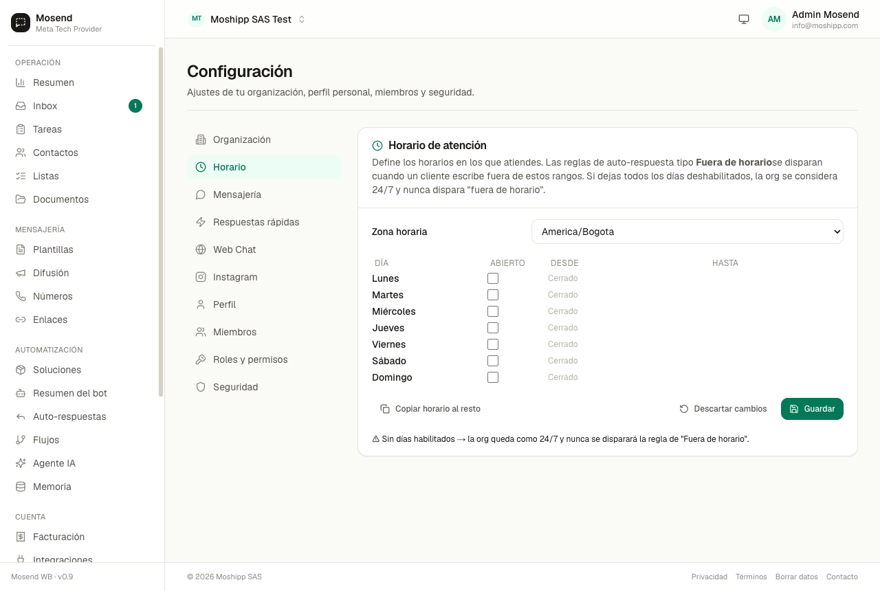 Configuración del horario