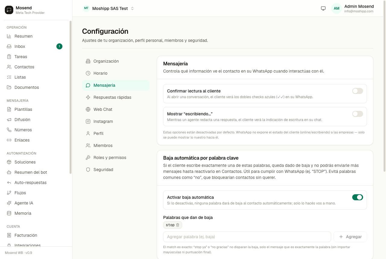 Configuración de mensajería