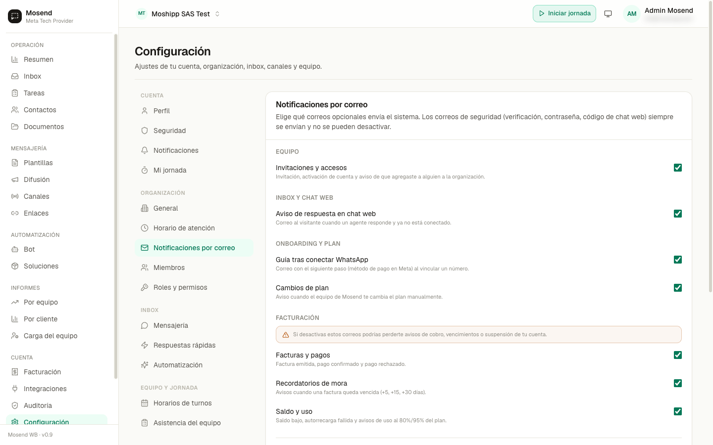 Notificaciones por correo de la organización