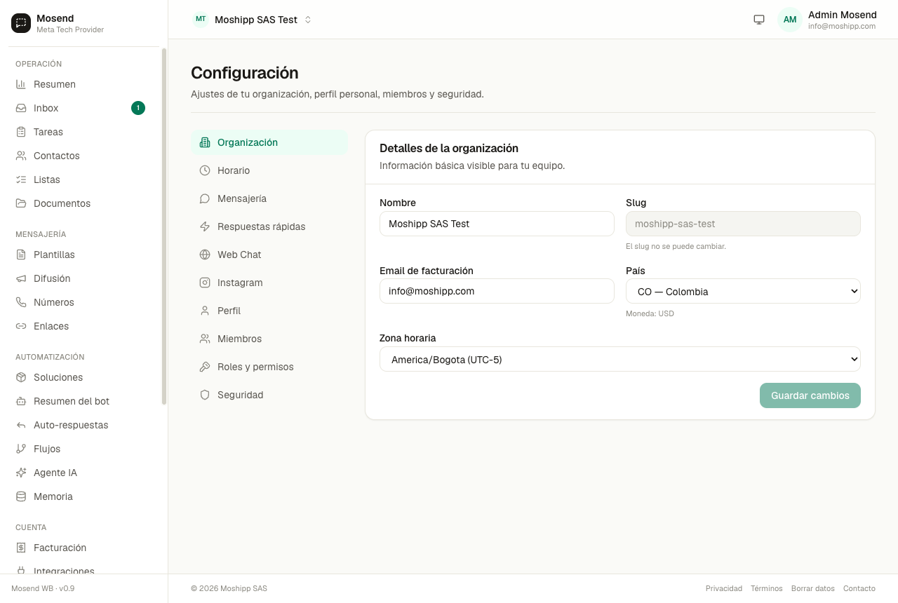 Configuración de la organización