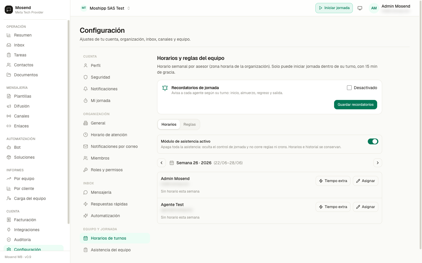 Configuración de turnos