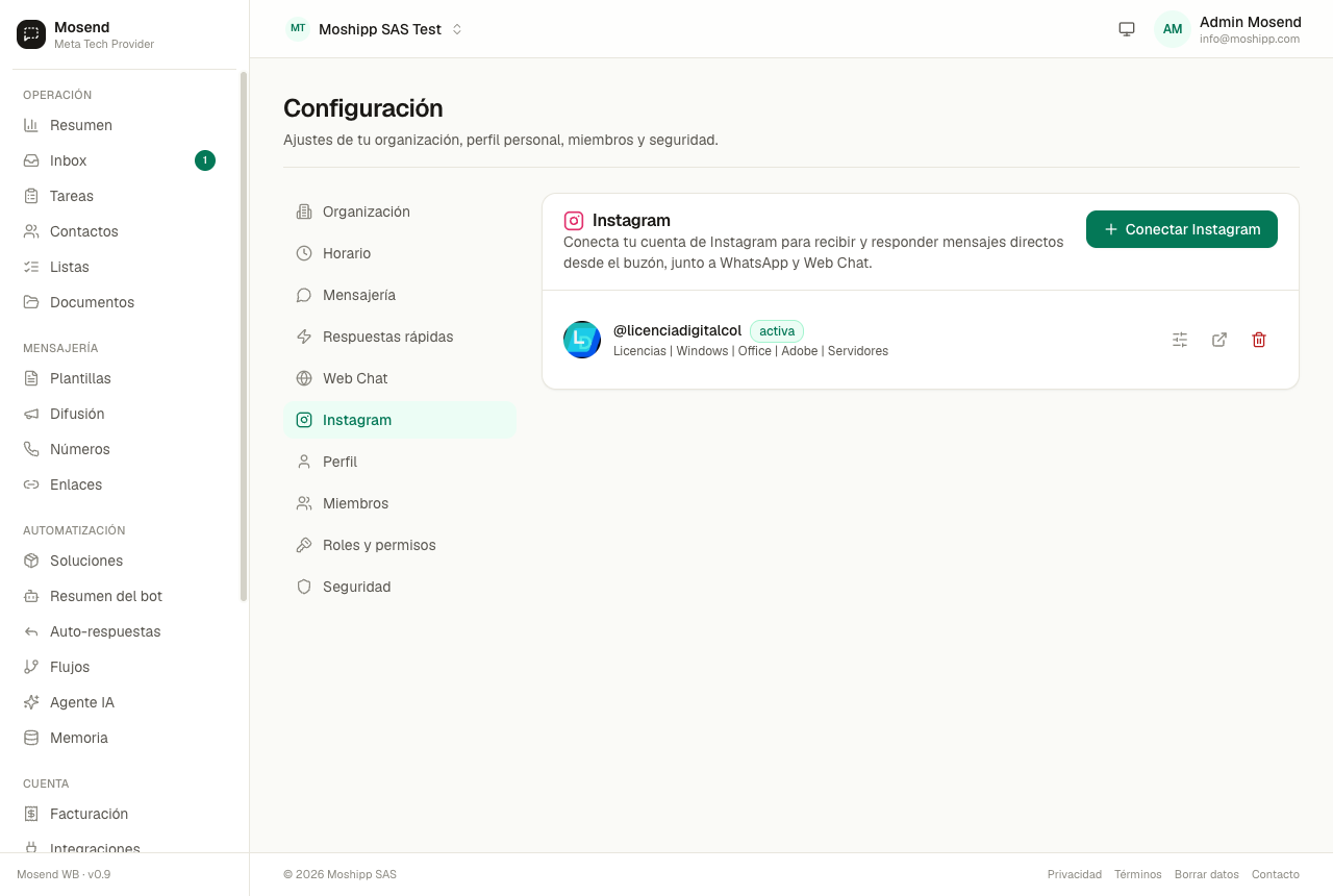Pestaña de Instagram en Configuración