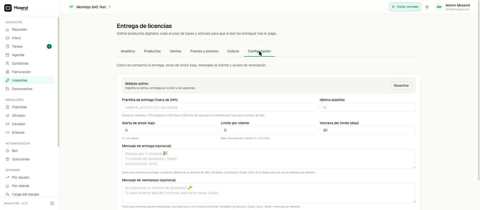 Ajustes del módulo de licencias
