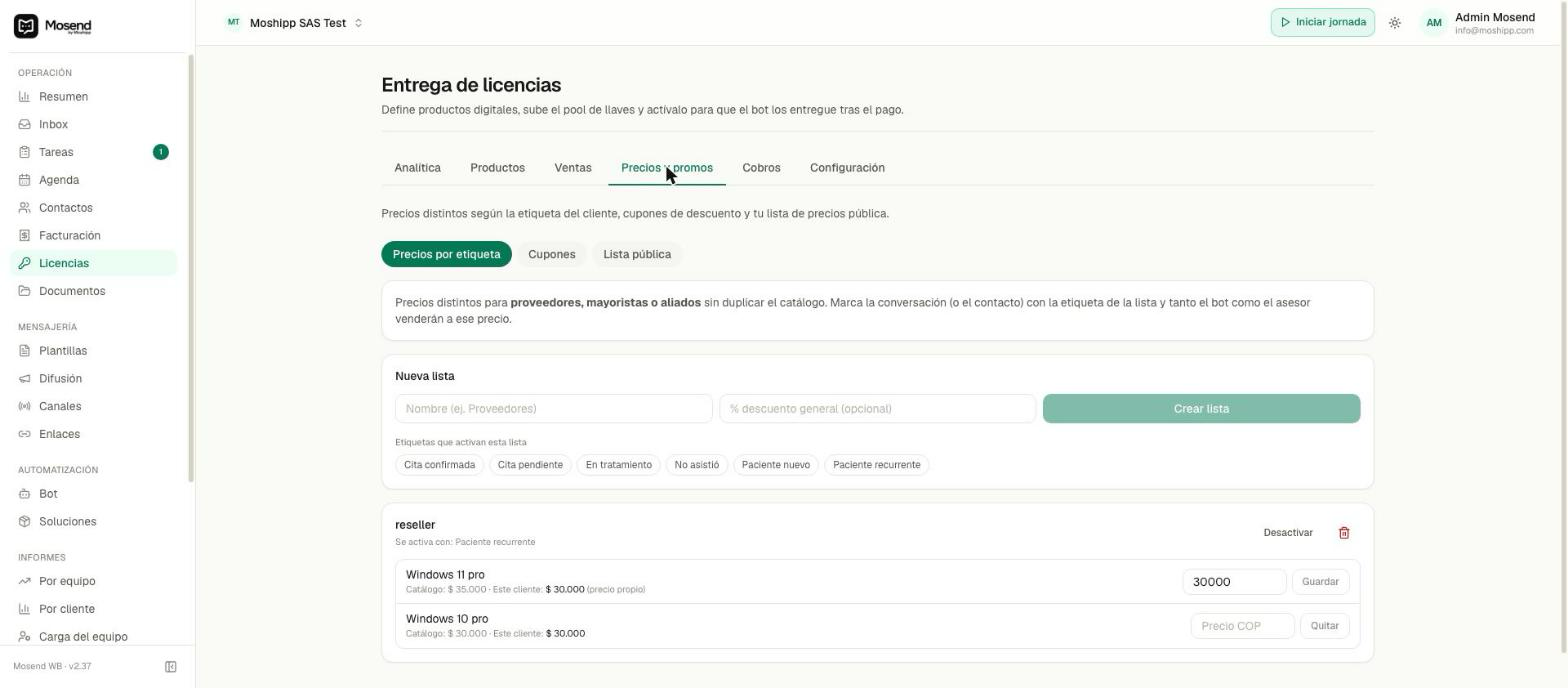 Lista de precios para revendedores, con el precio propio de cada producto