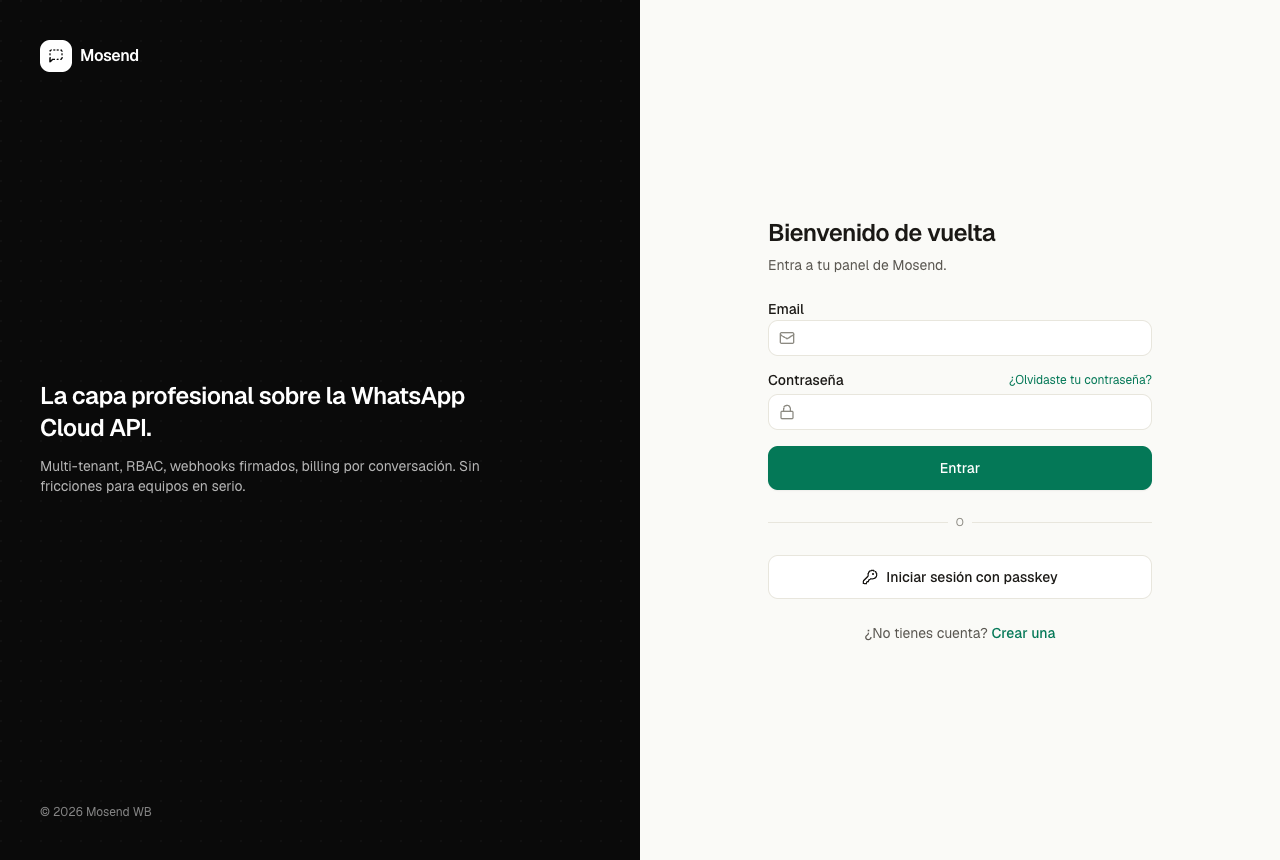 Pantalla de inicio de sesión de Mosend